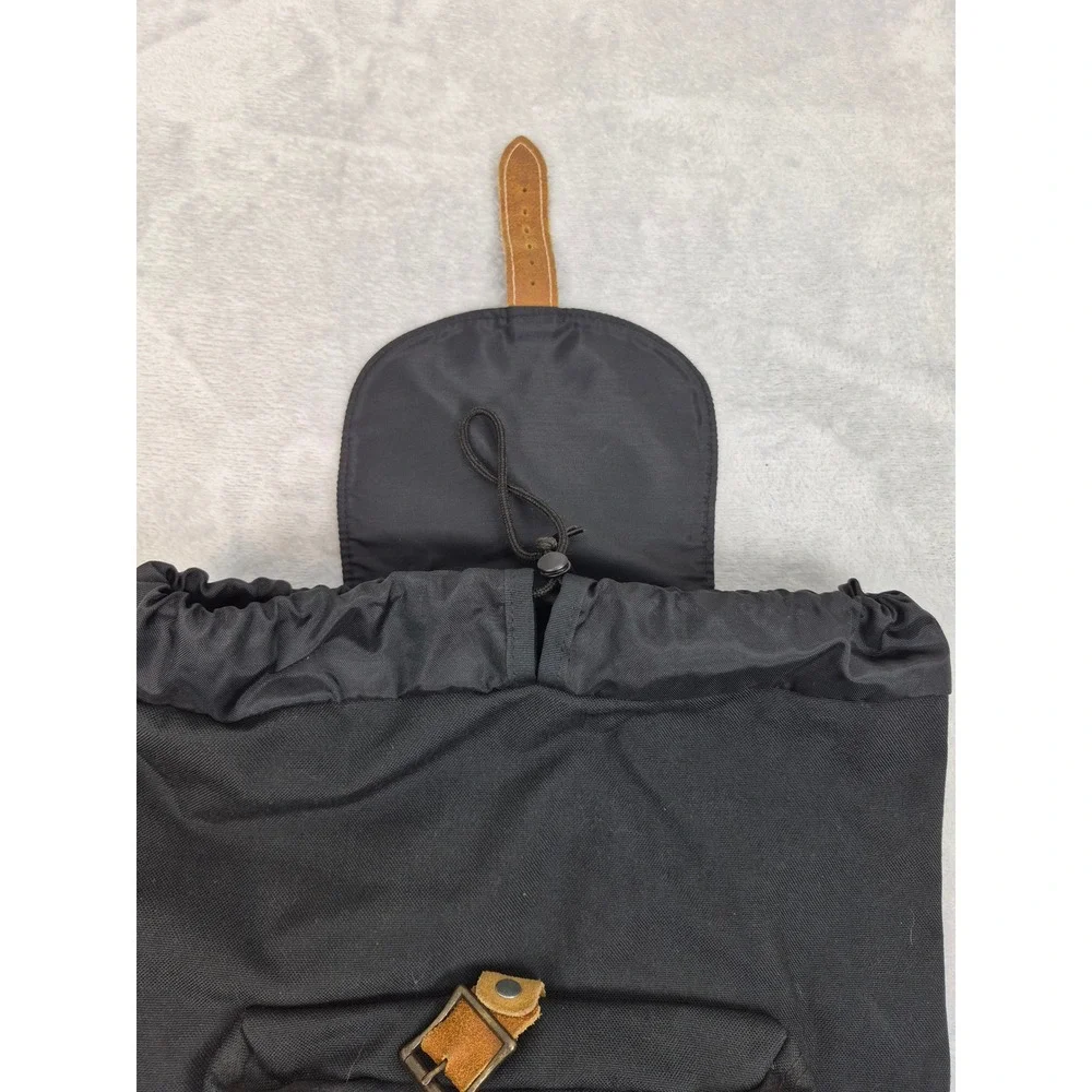 Vintage JanSport Backpack Black Canvas Tan Leather Bottom Rucksack Made in USA